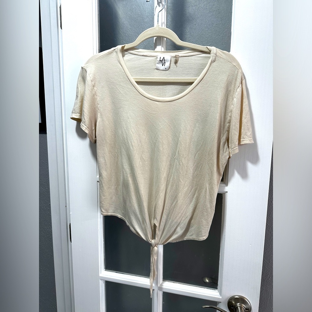 LA VI Cream Front Tie Crop Top